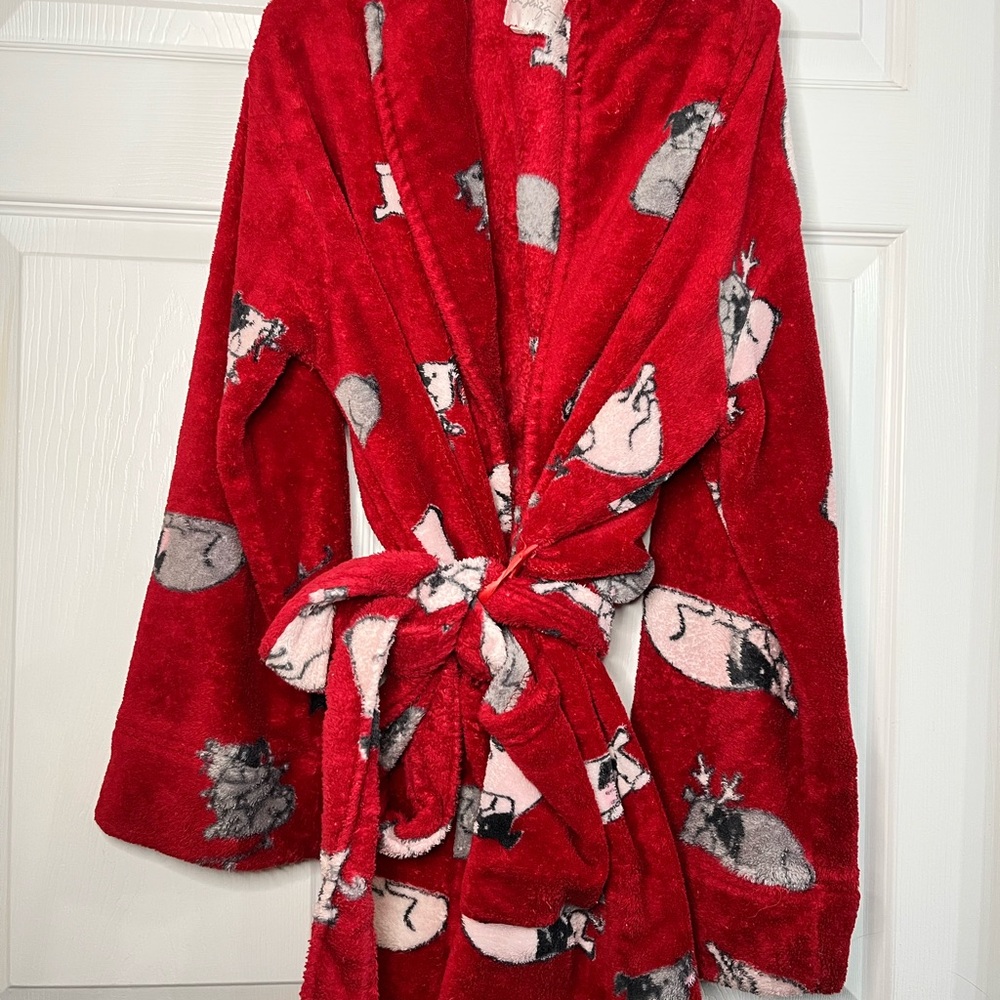 Womens Red Fleece Dog Print Robe S/M Cozy Housecoat With Pockets